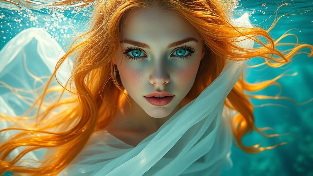Surreal Mermaid Goddess Radiates Emerald Light in Underwater...