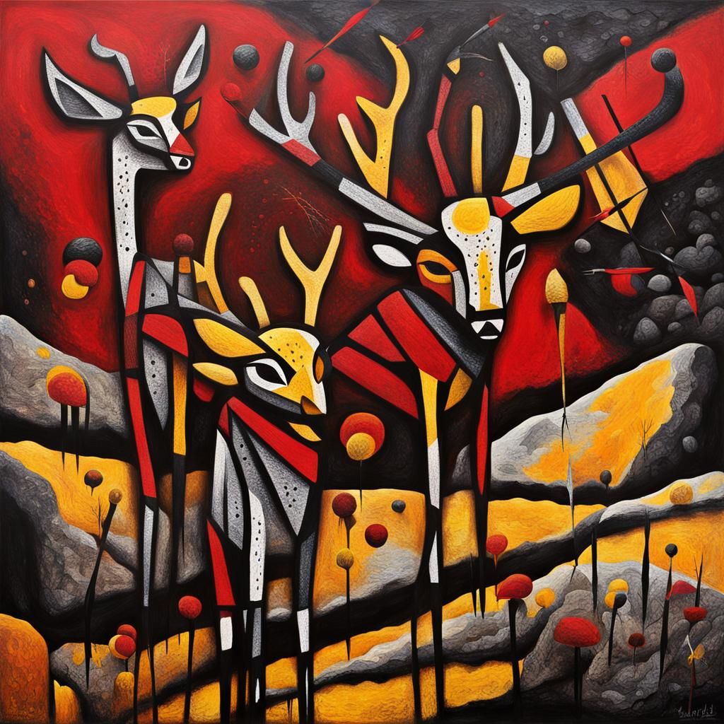 "Abstract deer and hunters with bow and arrow arrows and bizarre pareidolia. Aboriginal art.Rock art. Surreal art. Oil p...