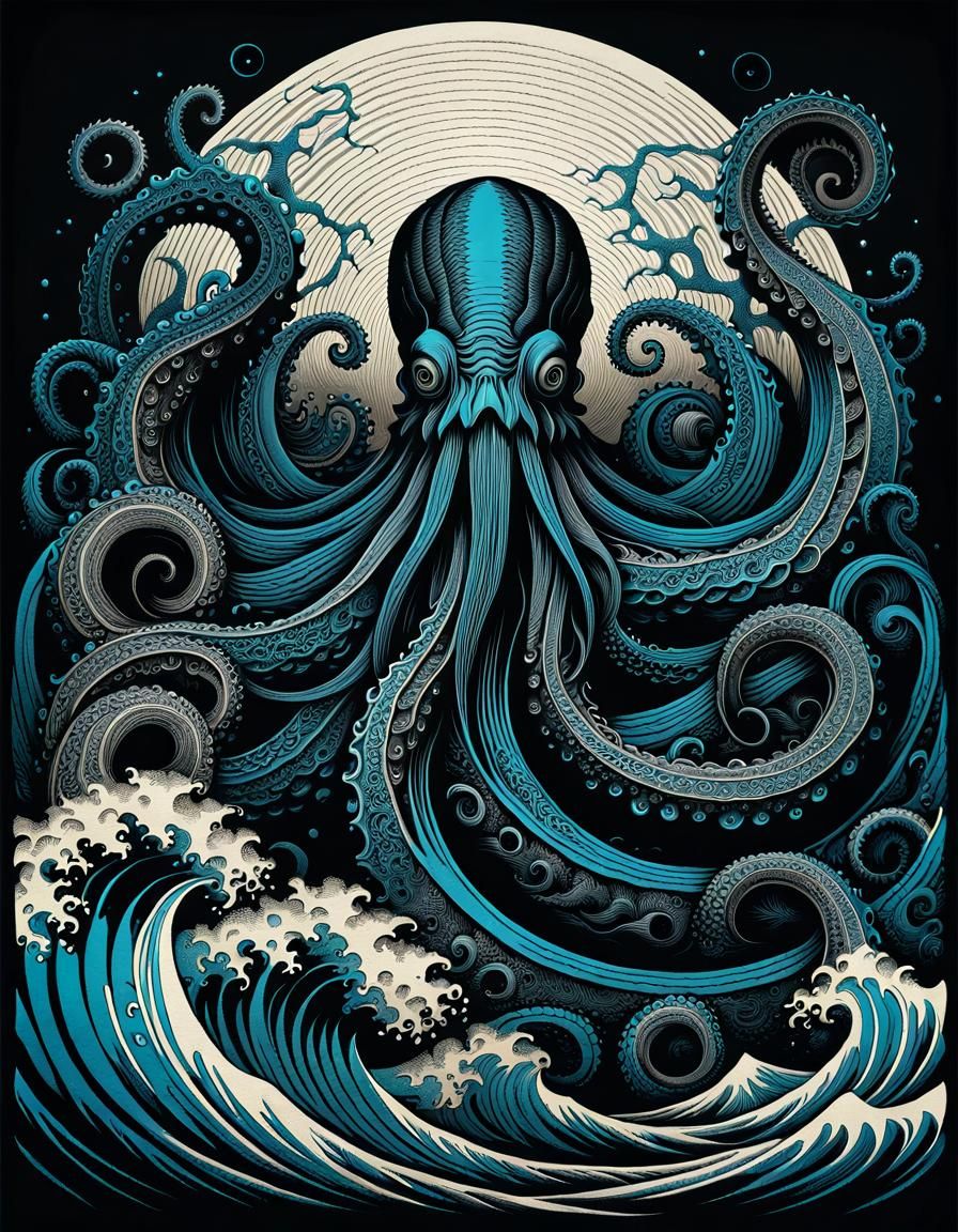 Mythical Kraken Illustration as Woodcut Print