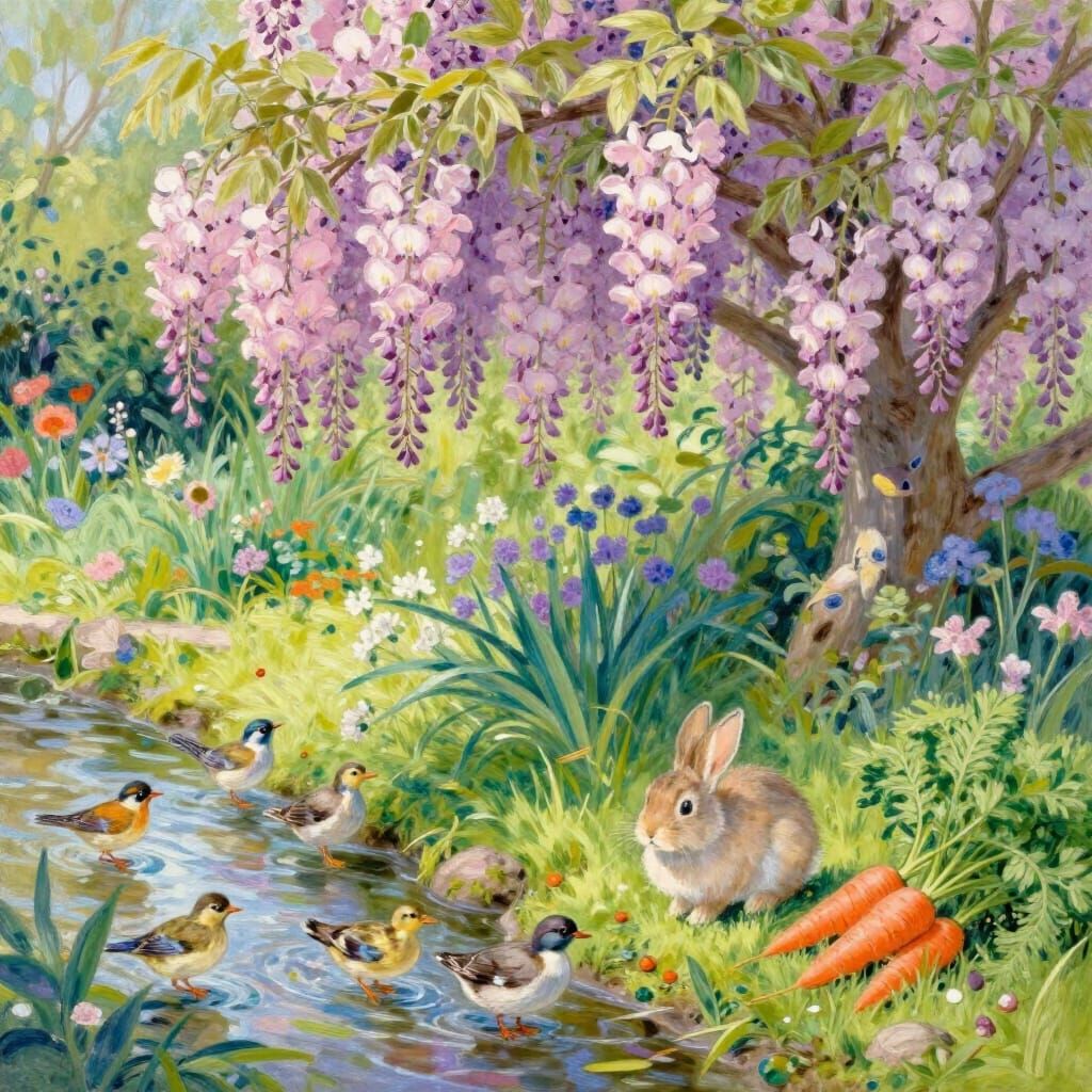 Enchanting Garden Scene with Wisteria and Wildlife