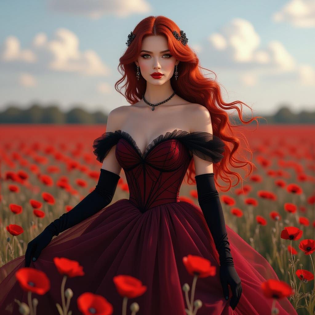 Ruby Flowers and Woman in Art Nouveau Style