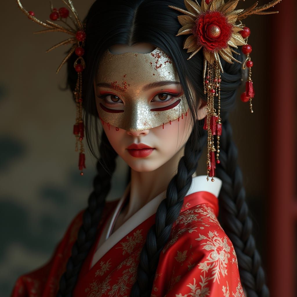 Elegant Japanese Goddess in Crimson and Black Silk Robes