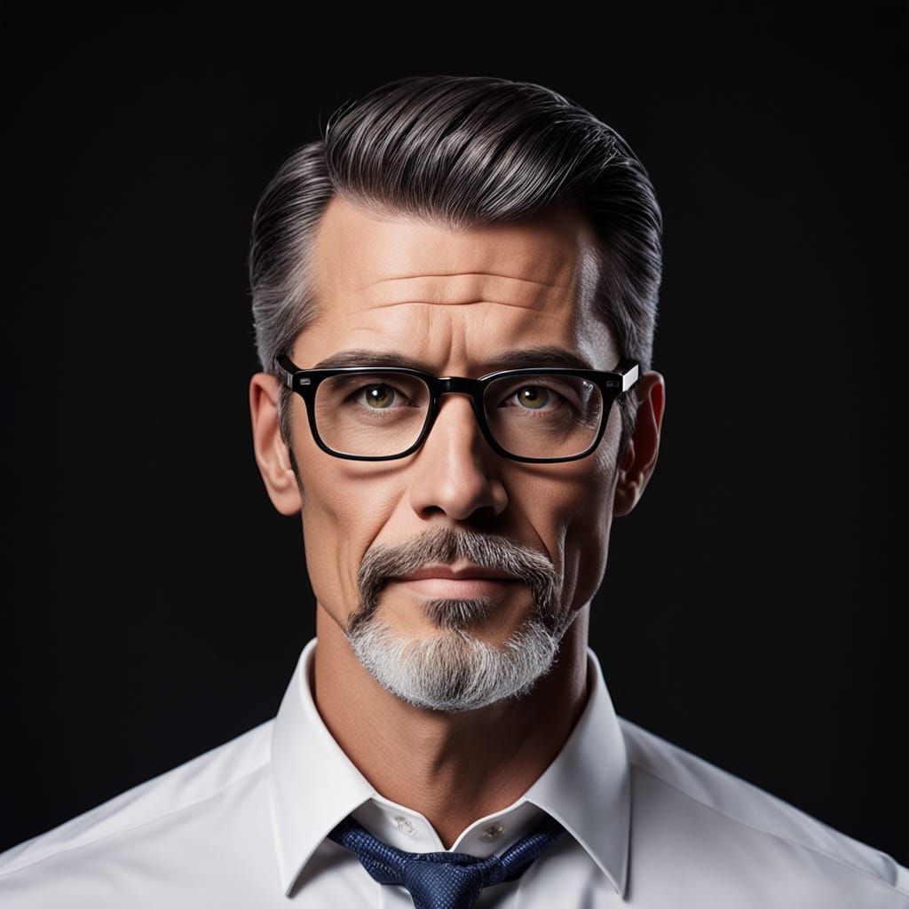 Confident CEO in Elegant Navy Suit, Captured with High-Contr...