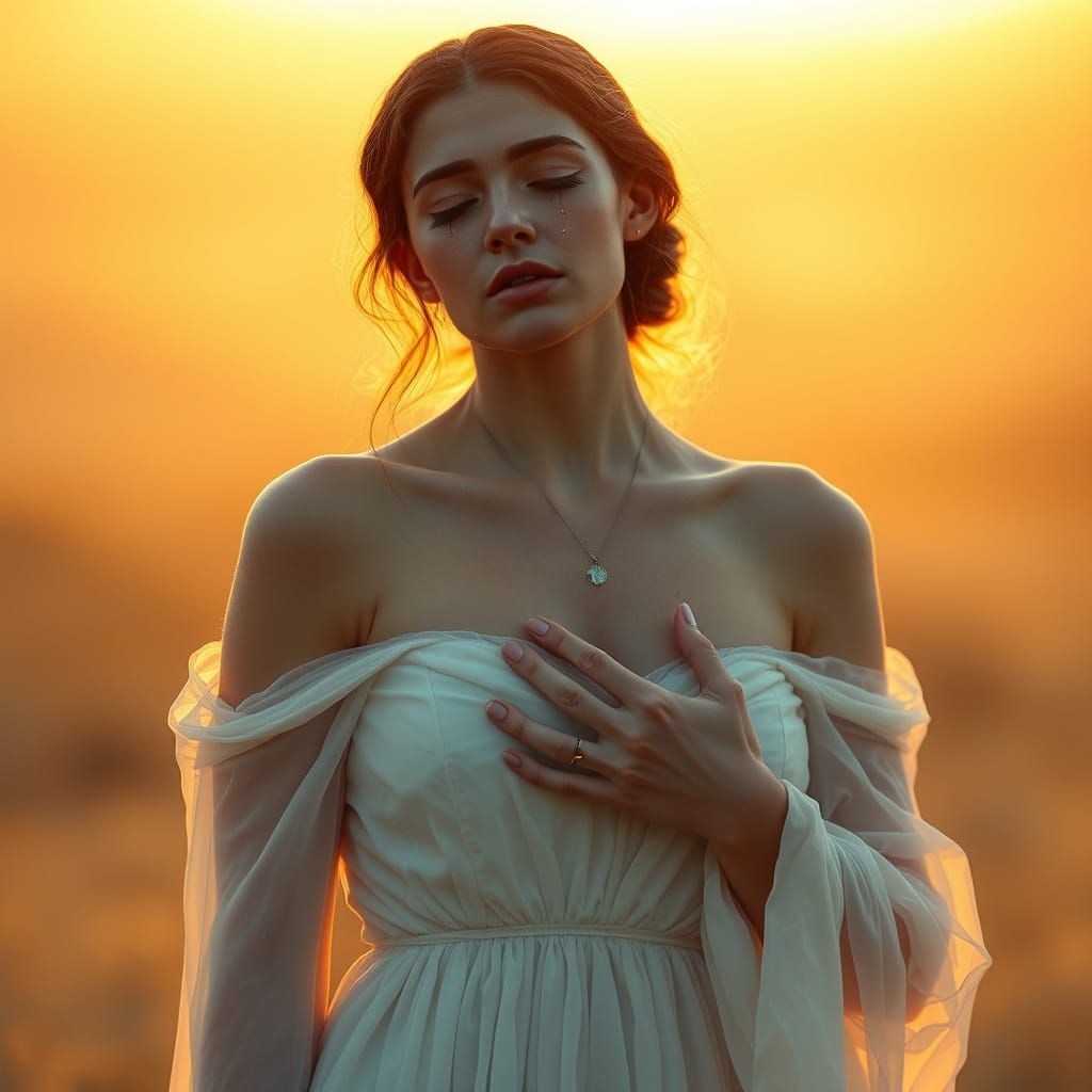 Woman in Ethereal Embrace with Glistening Tears