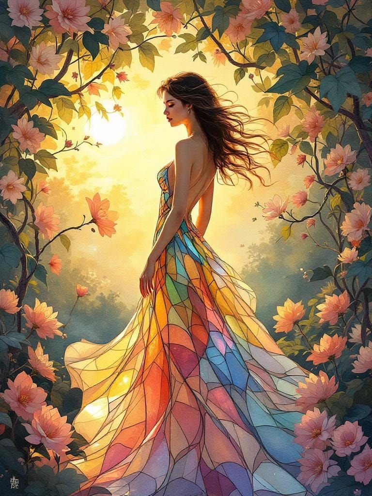 Stained Glass Woman in Floral Garden, Watercolor Art