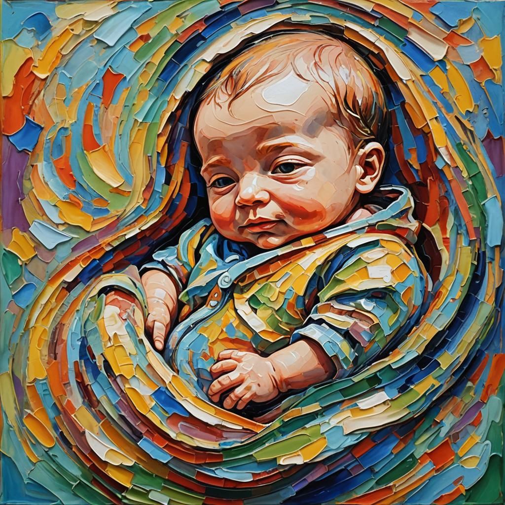 Baby in Womb: Neo-Impressionist Expressionist Oil Painting