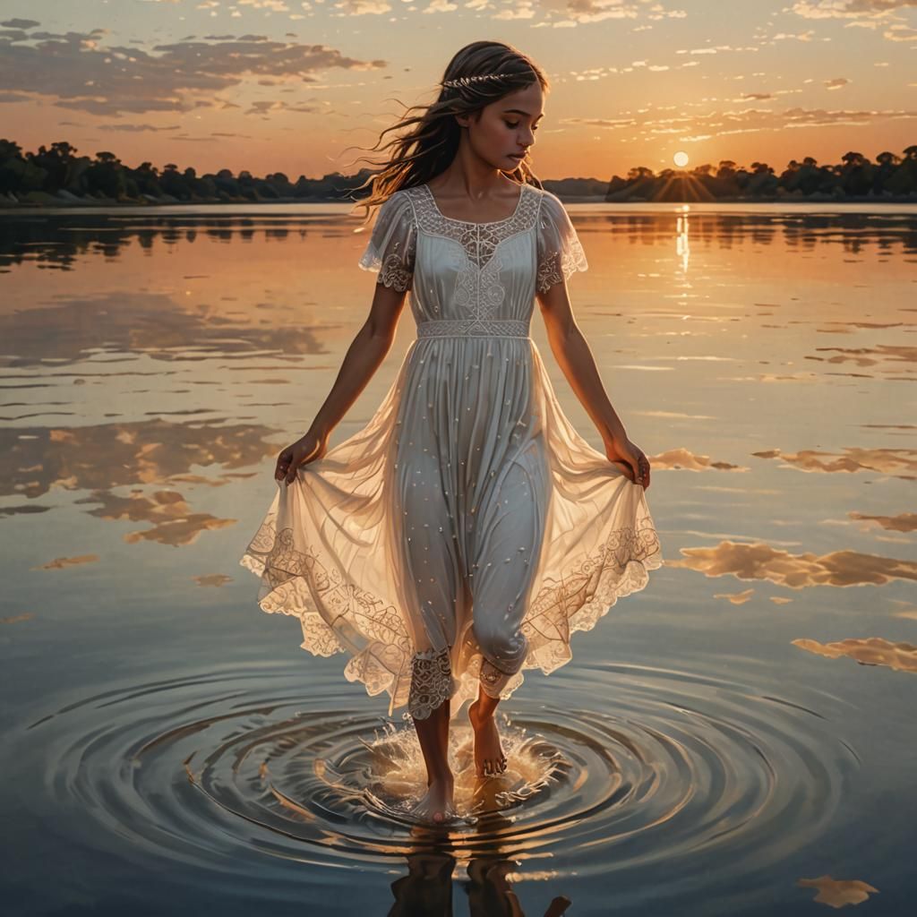 Girl on Water at Sunset: Hyperrealistic Digital Art