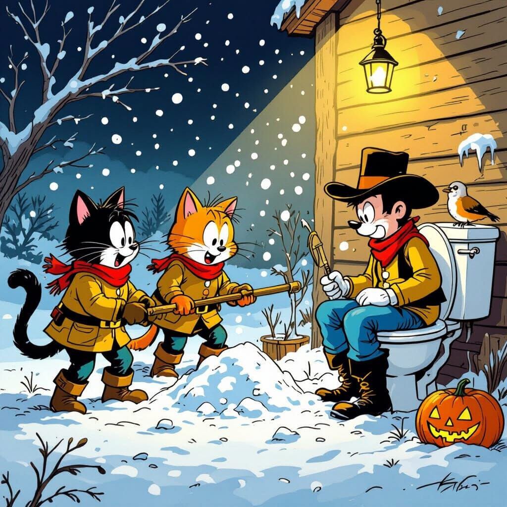 Cartoon Cats Snow Harvest with Lucky Luke on Toilet