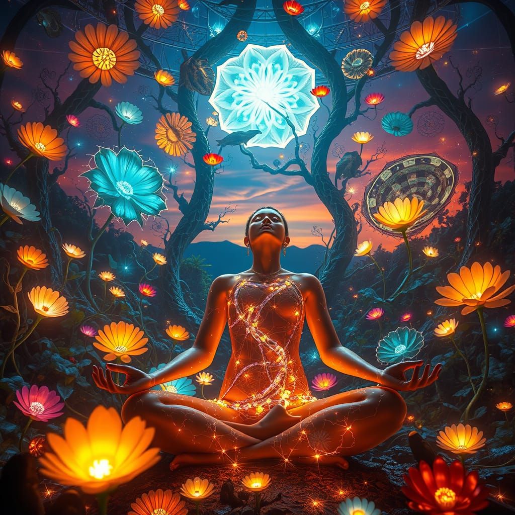 Dreamlike Goddess of Luminous Vines and Shattered Mirrors