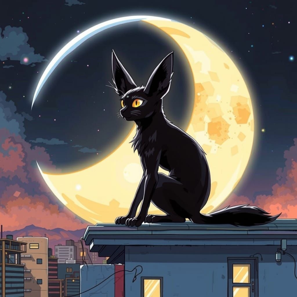 Umbreon watching the moon sitting on a rooftop at night