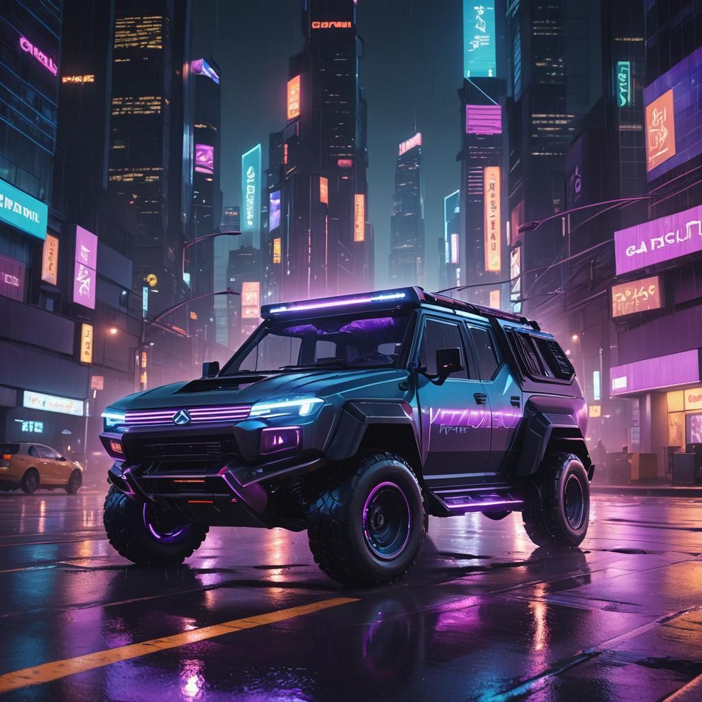 Cyberpunk Cybertruck on Neon Highway at Night