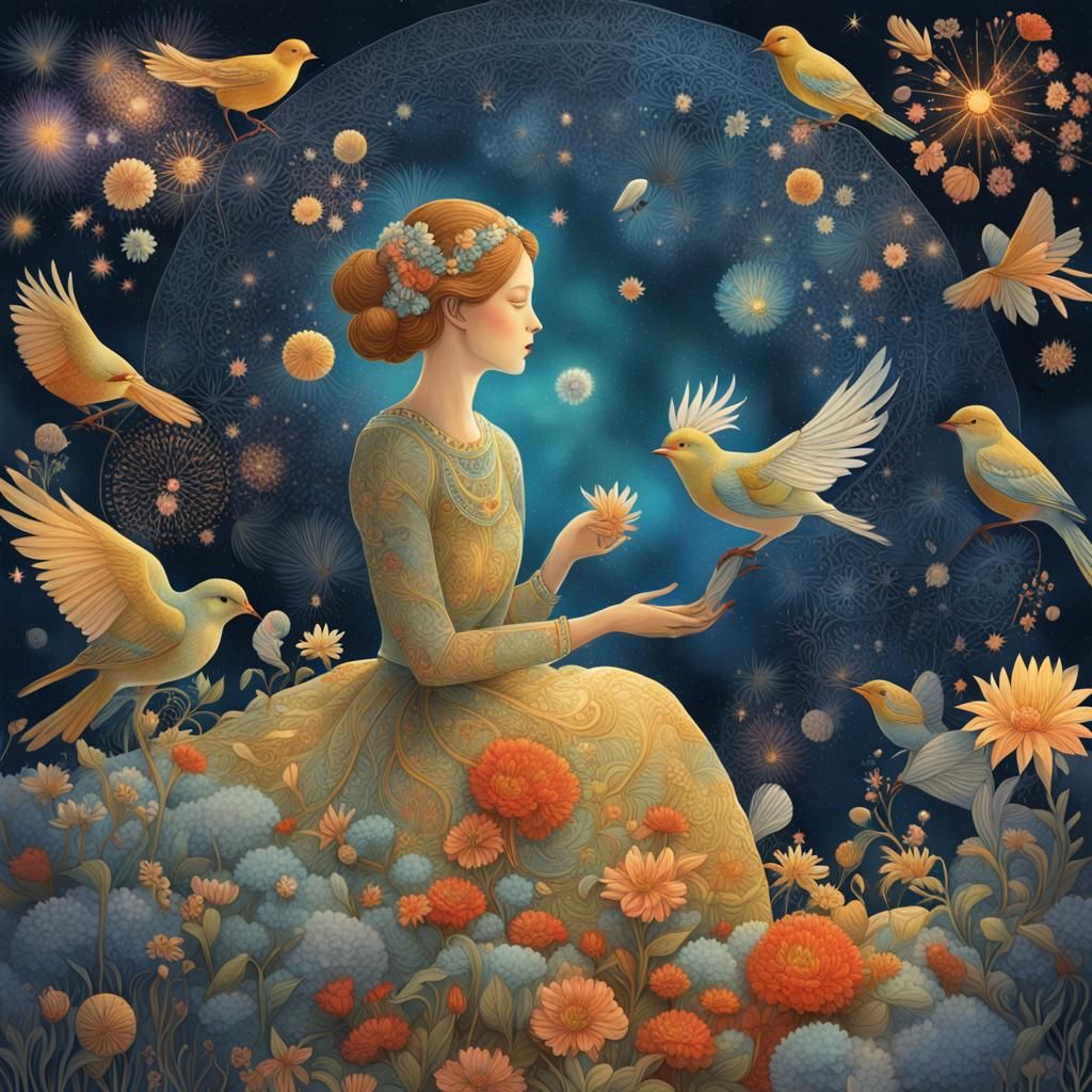 Fairytale Scene with Stars and Flowers in Magic Realism