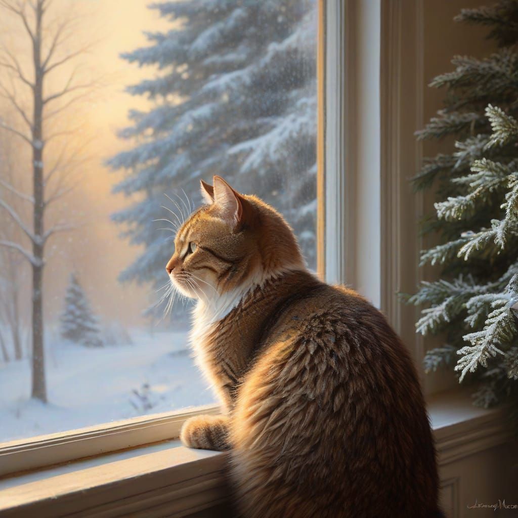 Impressionist Winter Scene of a Brown Tabby Cat in Thought