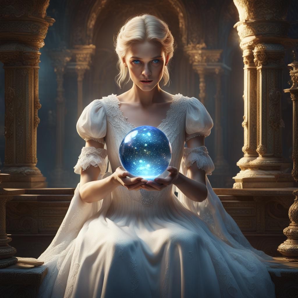 Freckled Woman Holding Crystal Ball in Fantasy Art