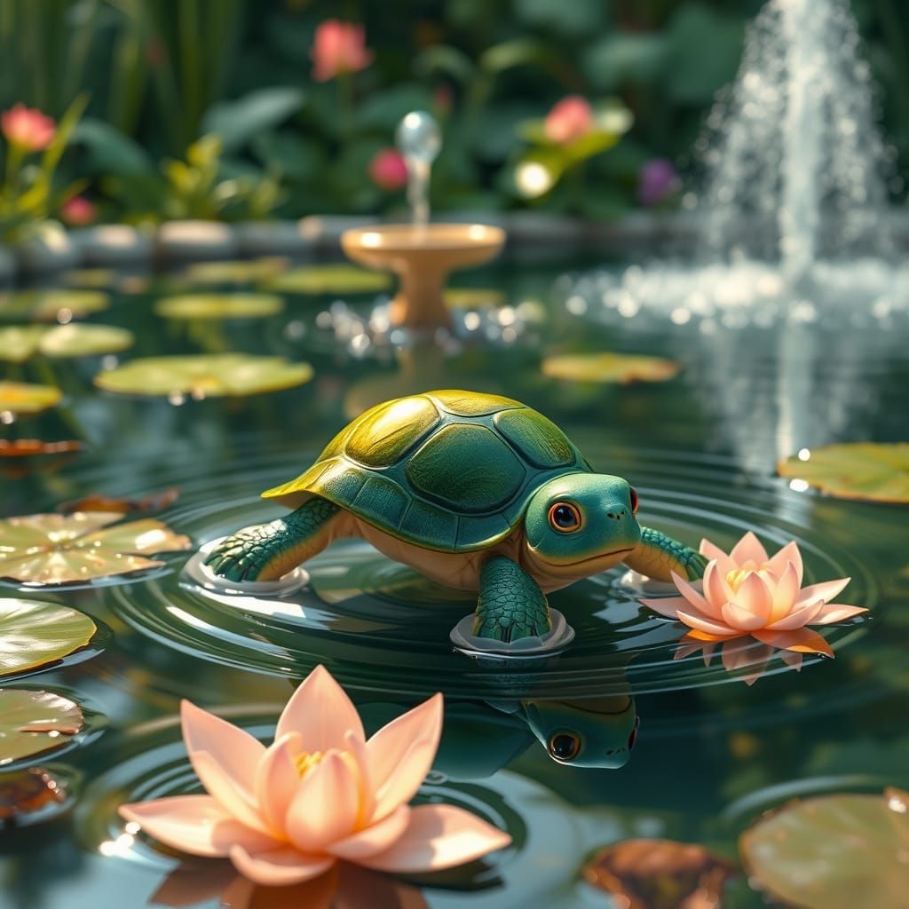 A Whimsical Turtle in a Serene Emerald Pond