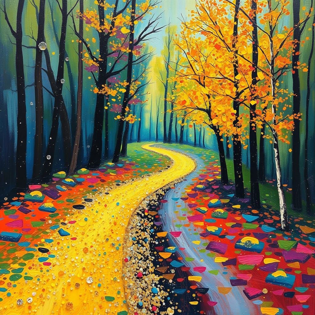 Expressionist Oil Painting: Glitter Path in Impasto Style