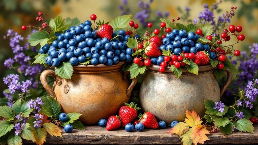 Berries Overflowing from Pots in Impressionist Style