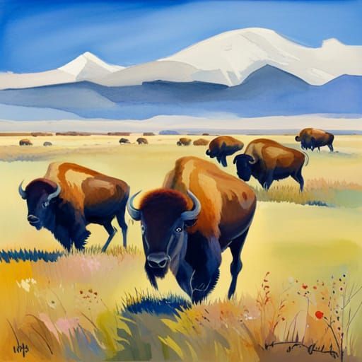 Bison Stampede: Gouache Watercolor Impressionist Painting