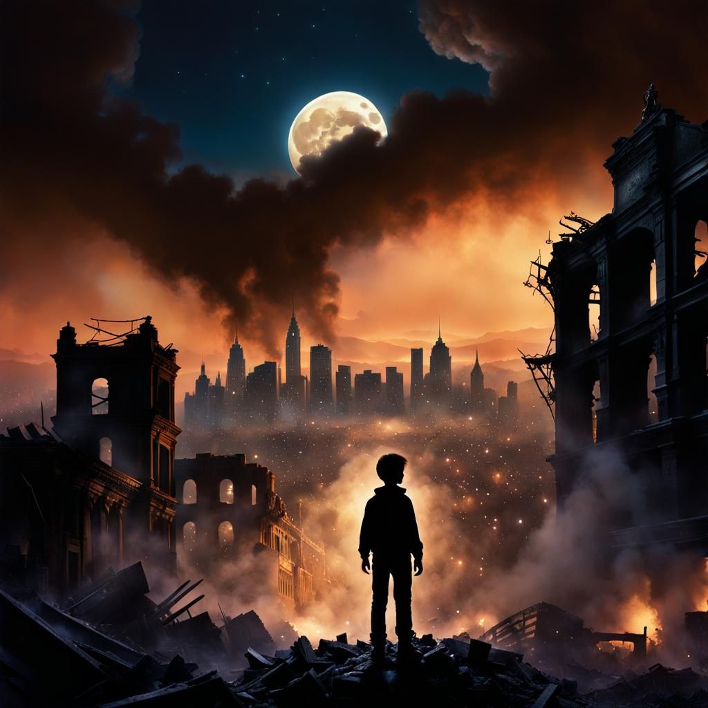 Silhouette in Destroyed City: Ethereal Fantasy