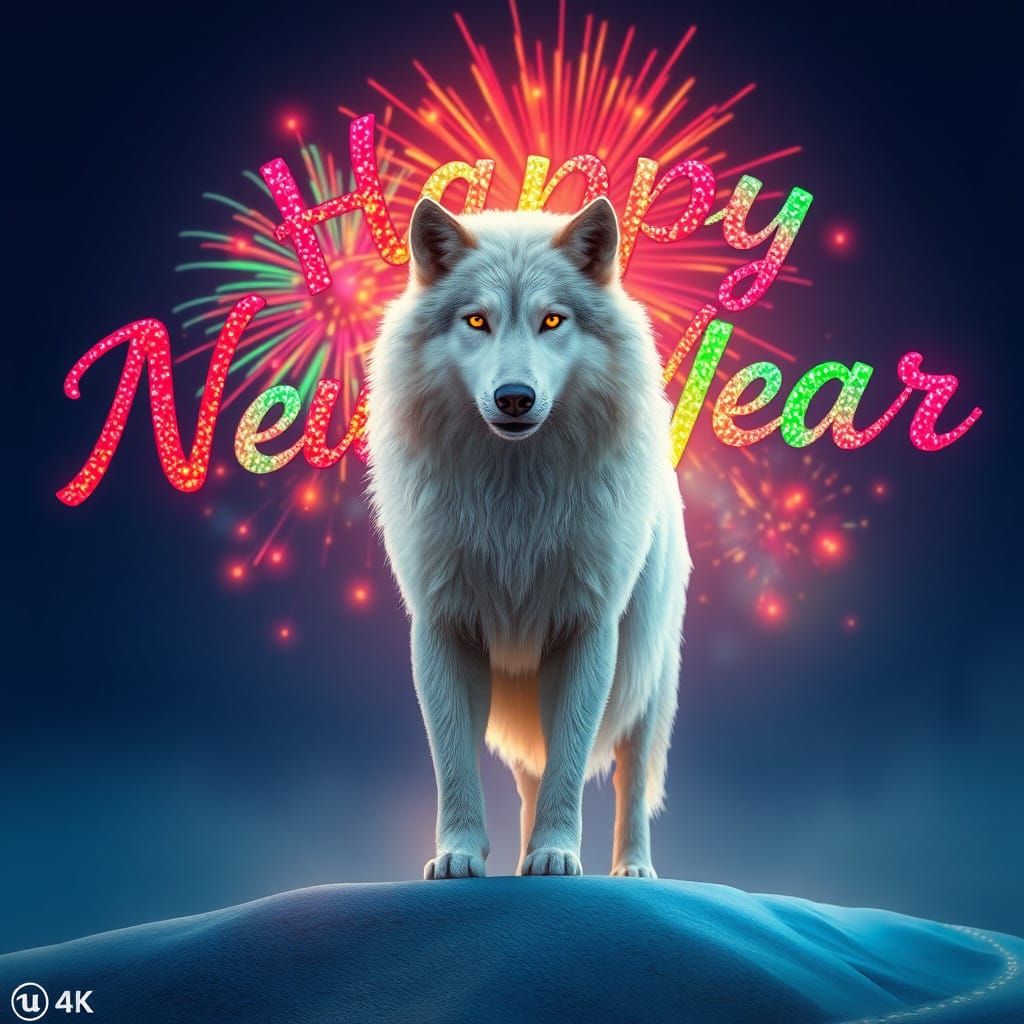 Regal Wolf Surrounded by Fireworks Display in Happy New Year...
