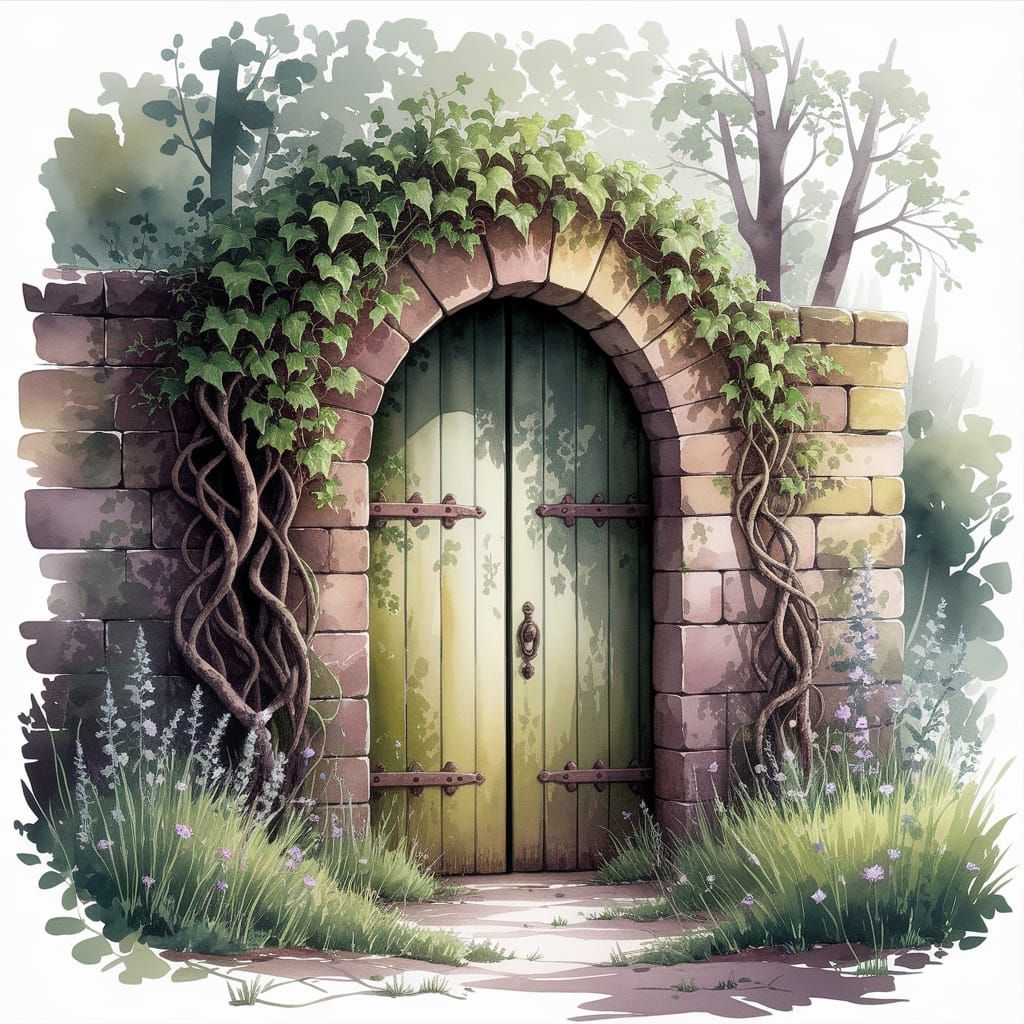 Mossy Doorway in Secret Garden: Watercolor Painting