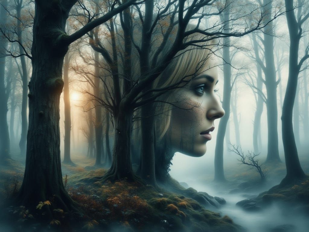 Mystical Forest Merged with Woman's Profile in Surreal Style