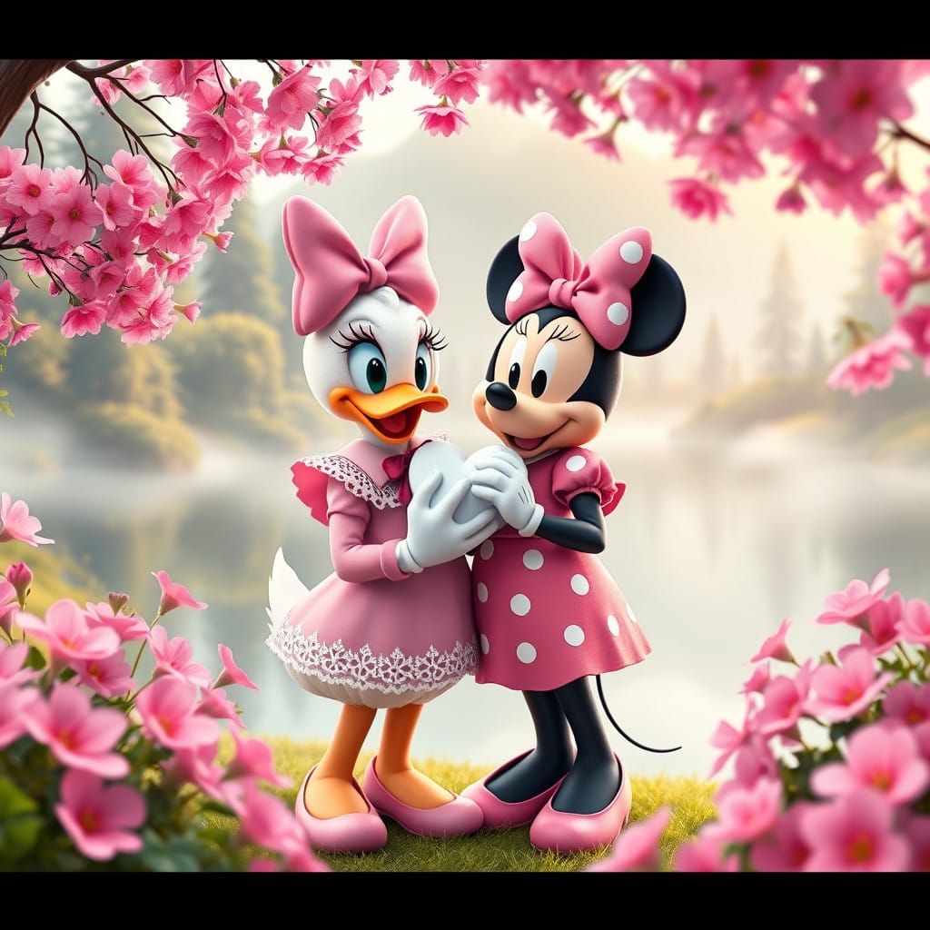 Magical Disney Duo Surrounded by Vibrant Pink Blooms in a Dr...