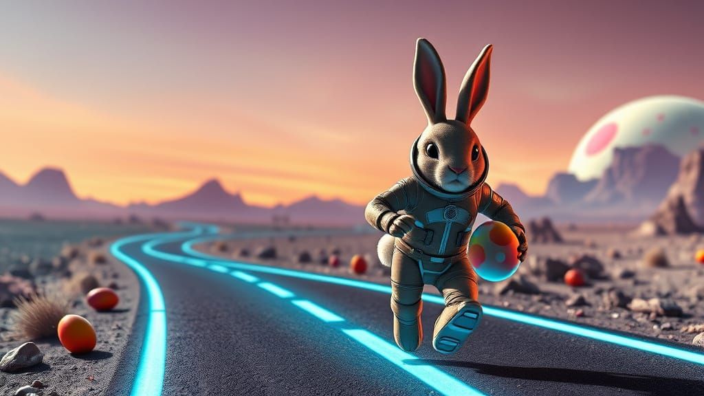 Surreal Sci-Fi Easter Bunny Explores Futuristic Landscape