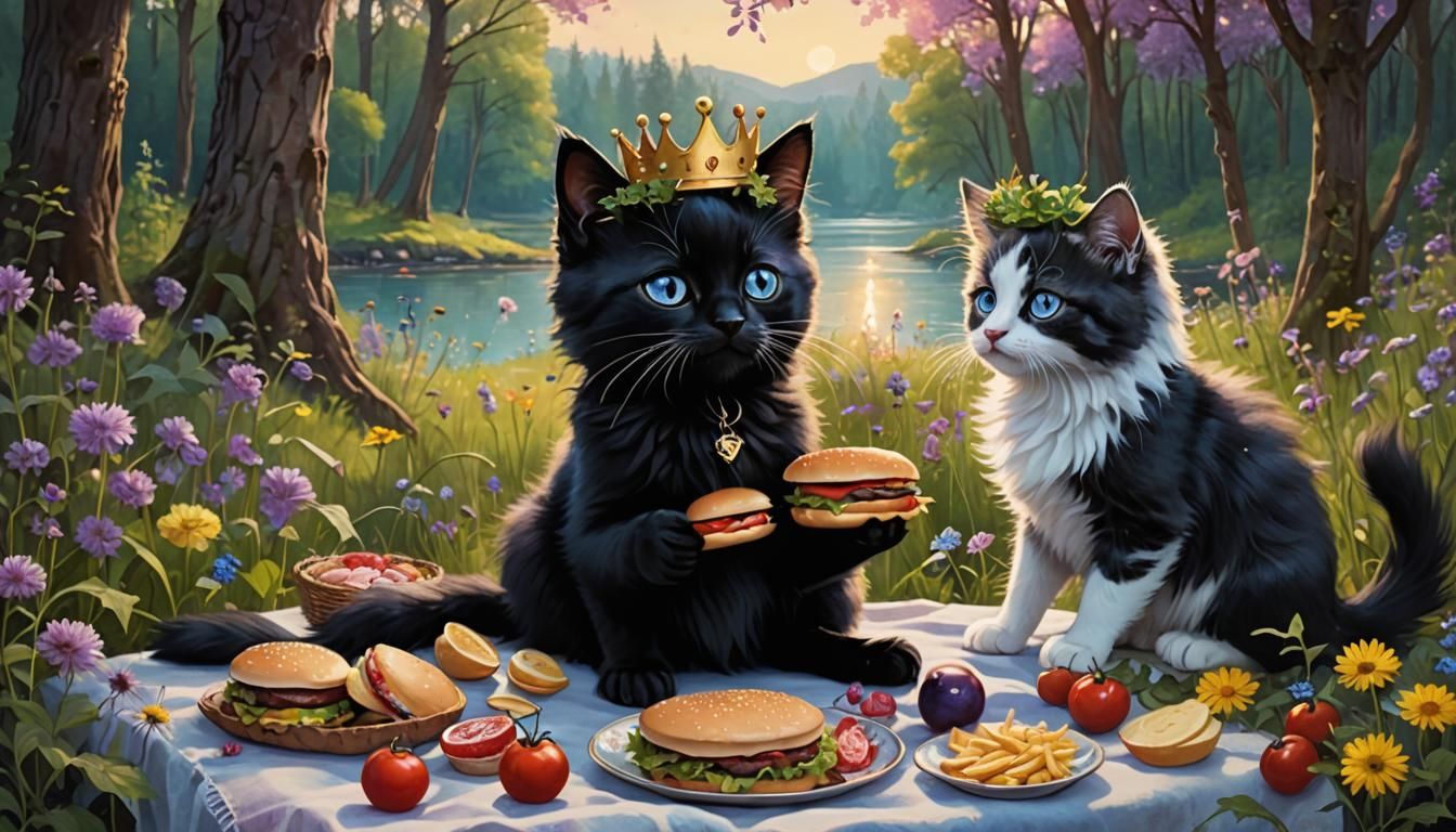 Enchanting Picnic: Kitten and Puppy in Tim Burton Style