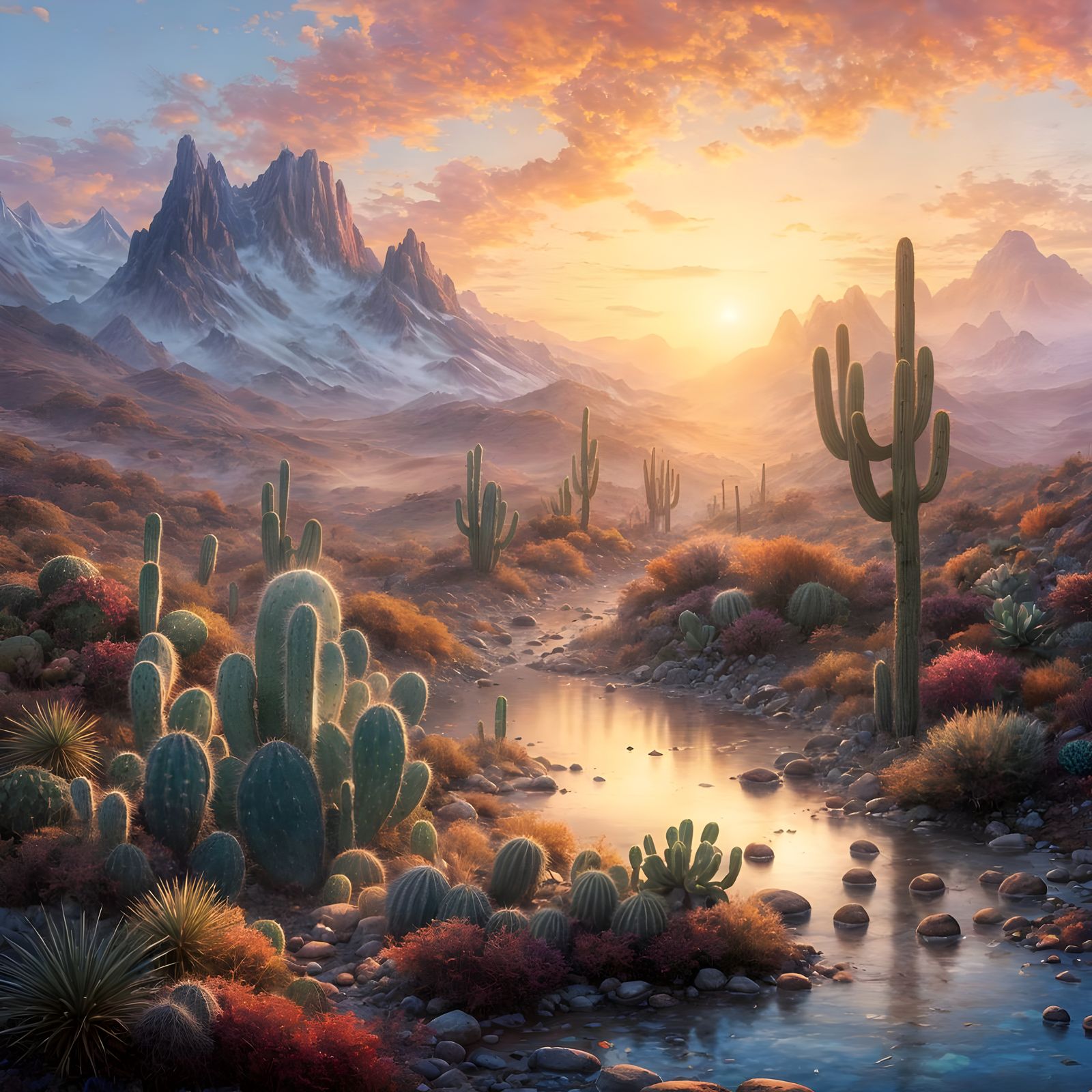 Desert Sunset with Cacti in Kinkade Style