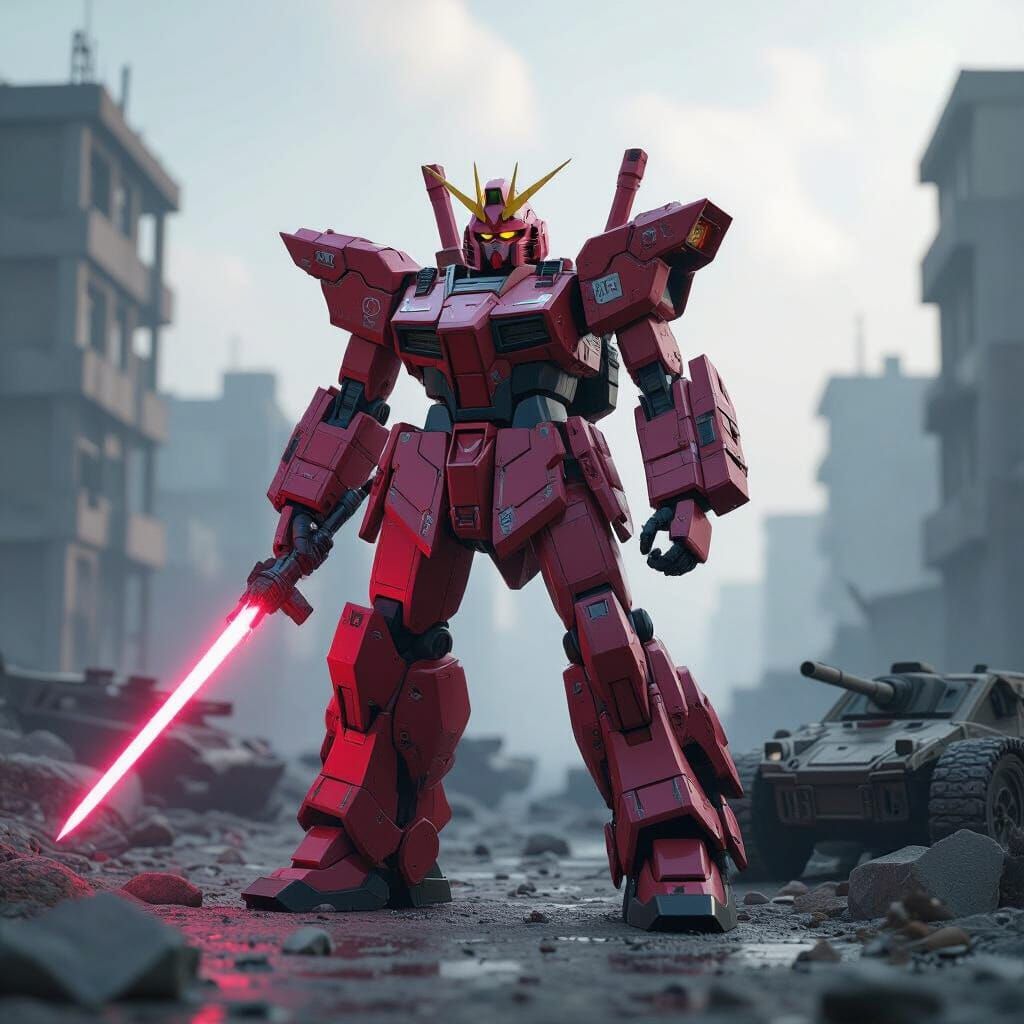 Red Gundam with Pink Laser Sword in Ruined City