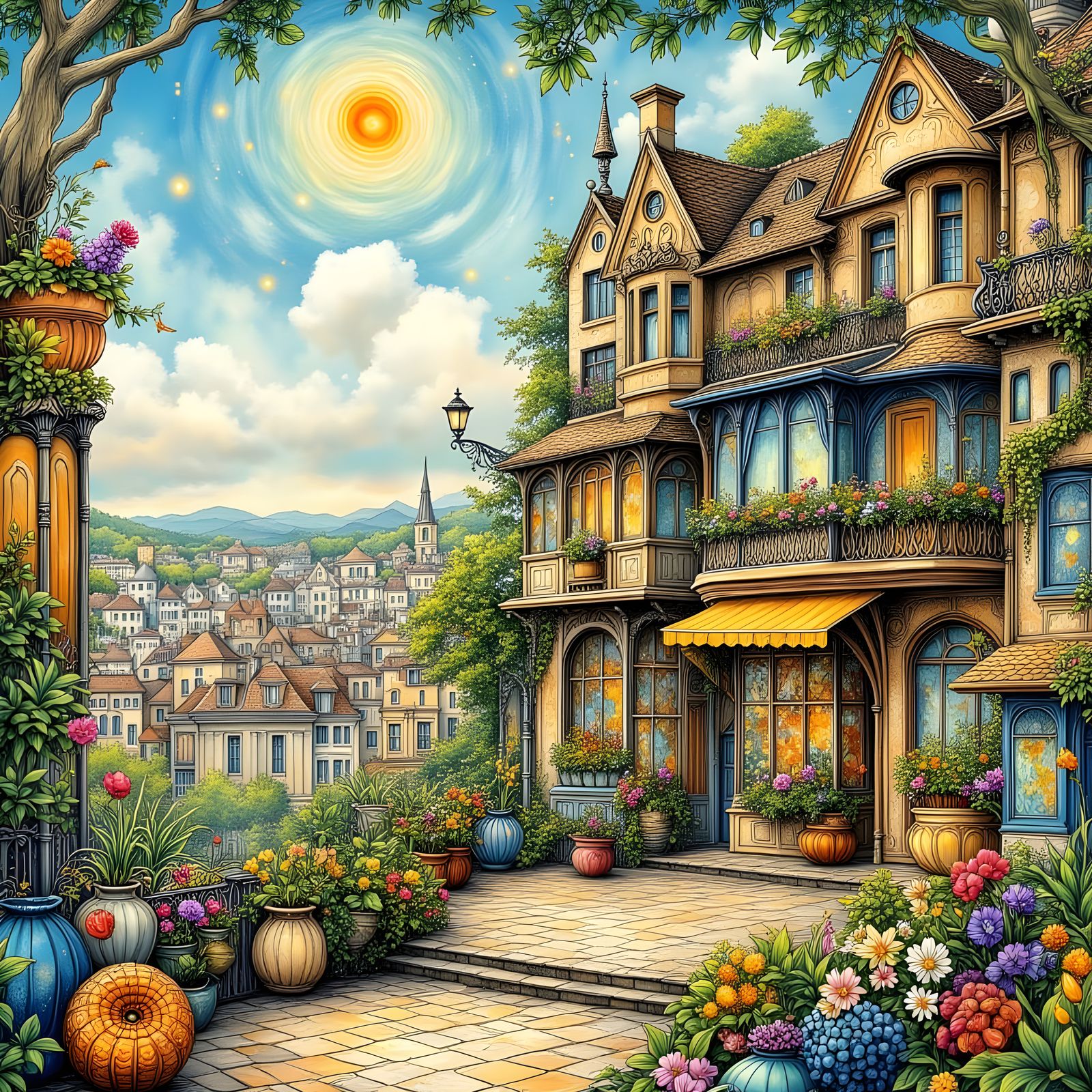 Art Nouveau Cityscape with Abstract Micro Forms