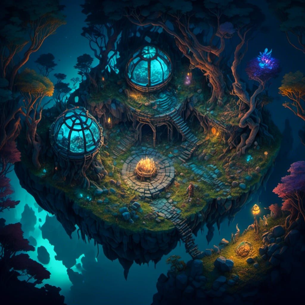 Isometric Space Station in Bioluminescent Jungle