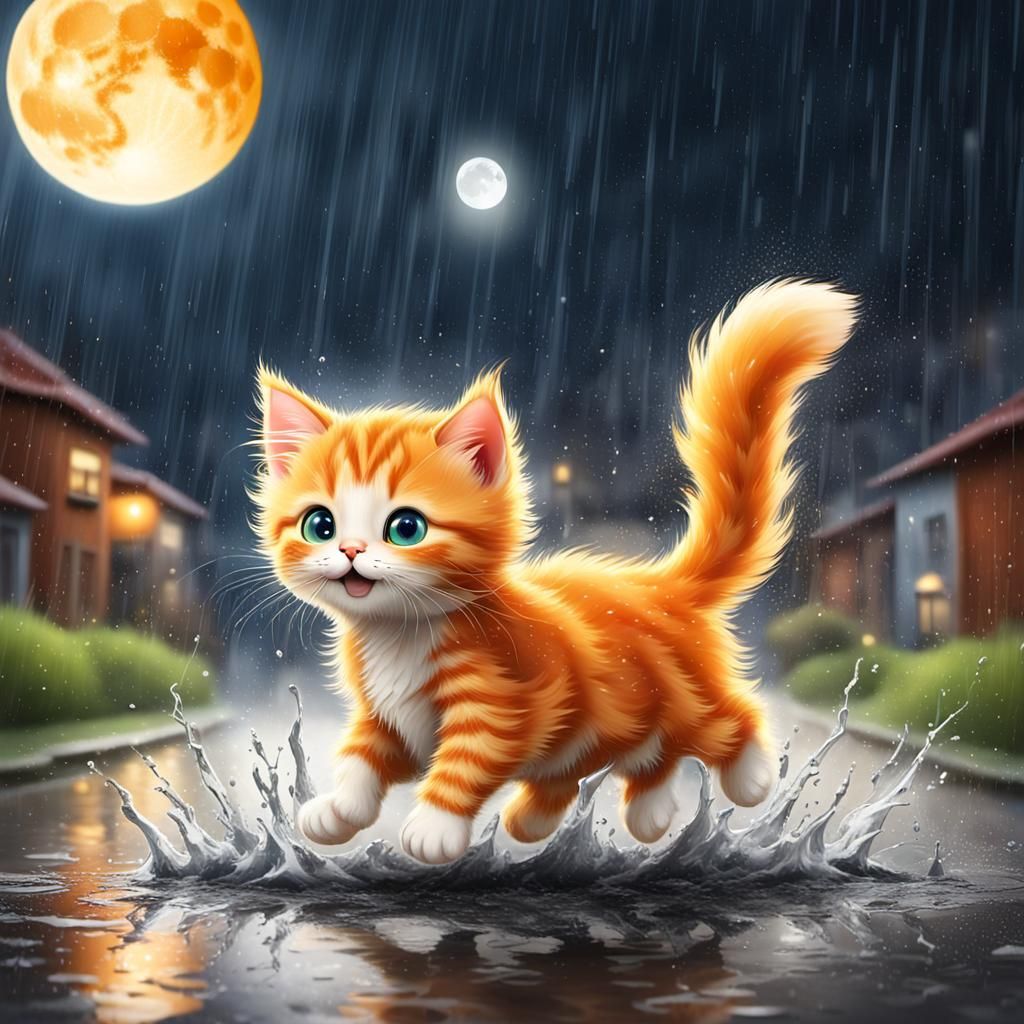 kitten likes to play in the rain