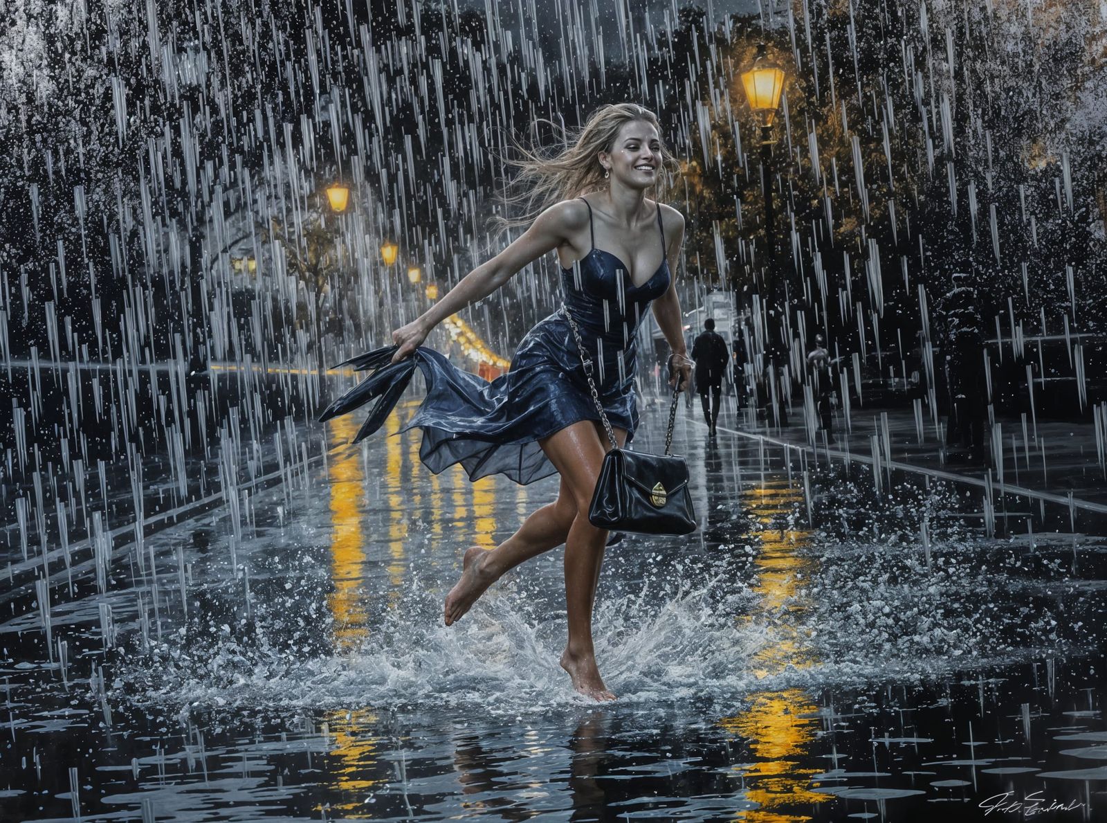 Barefoot Woman Dancing in Rainy City: Hyper-Impasto