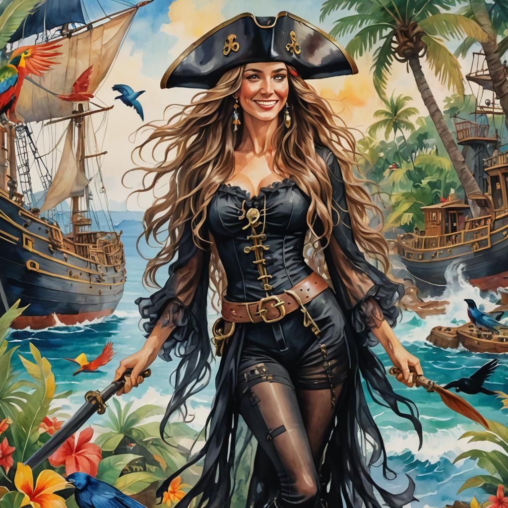 Pirate on Tropical Island as Impasto Gouache Painting