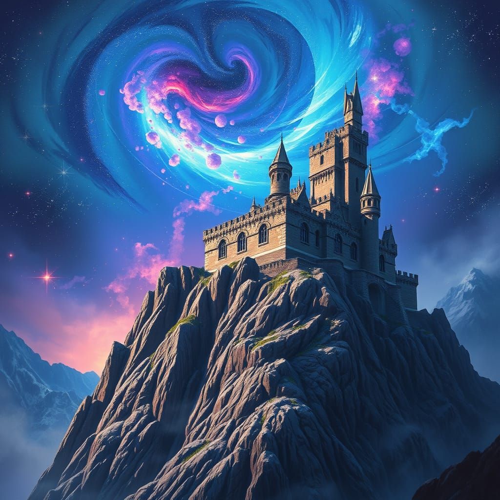 Cosmic Castle on Mountain Peak in Nebula Glow