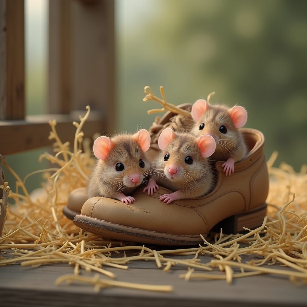 Cute Baby Mice in Hay-Filled Shoe on Porch, Photorealistic