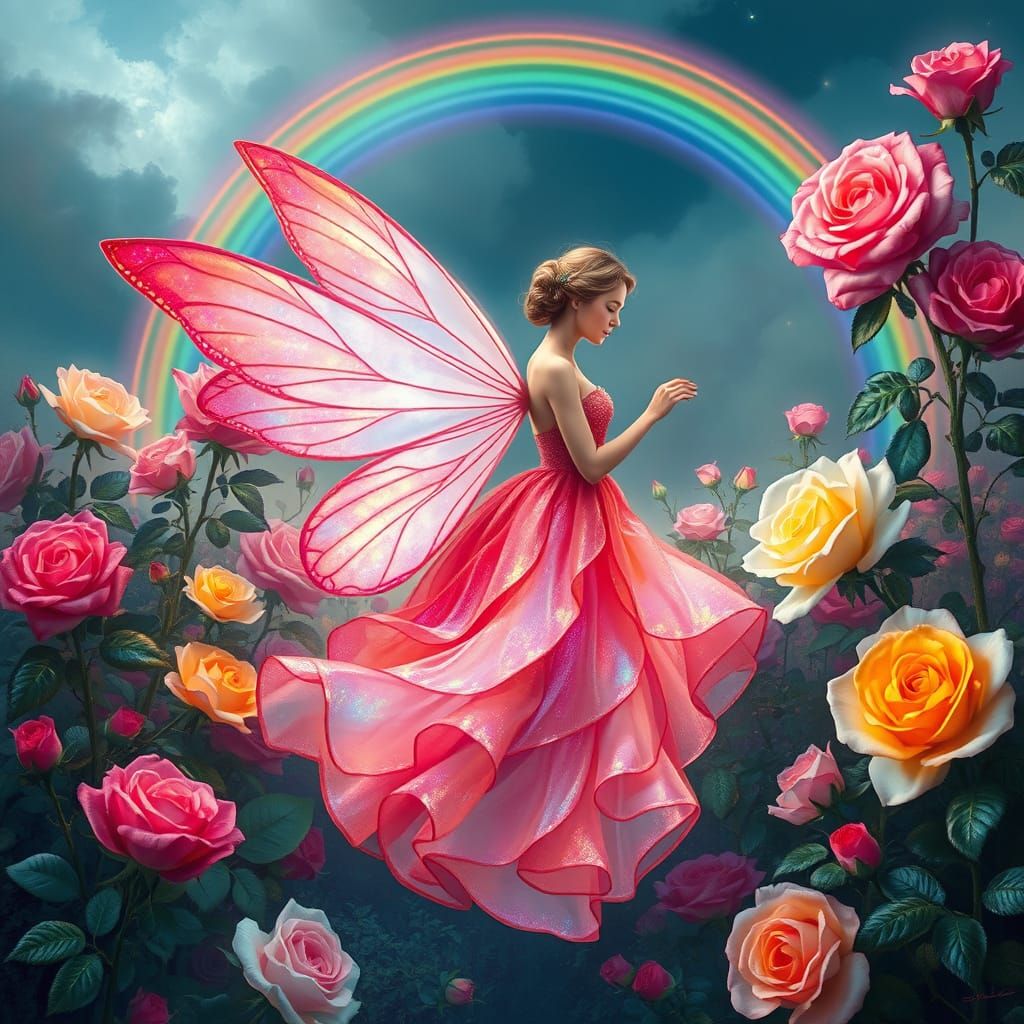 Enchanted Rose Fairy in Whimsical, Dreamlike Landscape