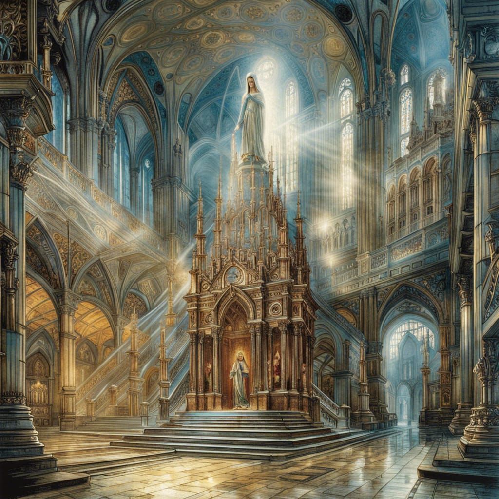 Futuristic Icon of Virgin Mary in Monastery