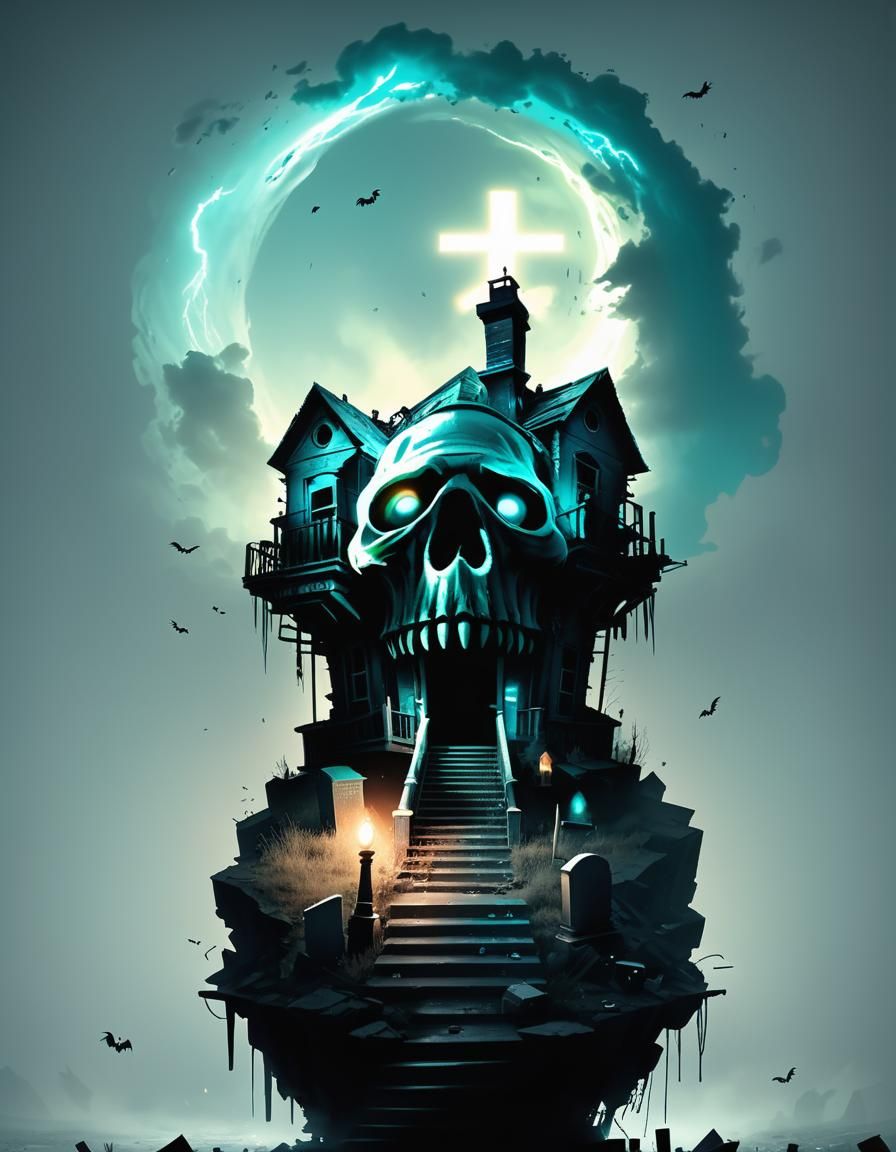 Eerie Haunted House in Dystopian Cemetery