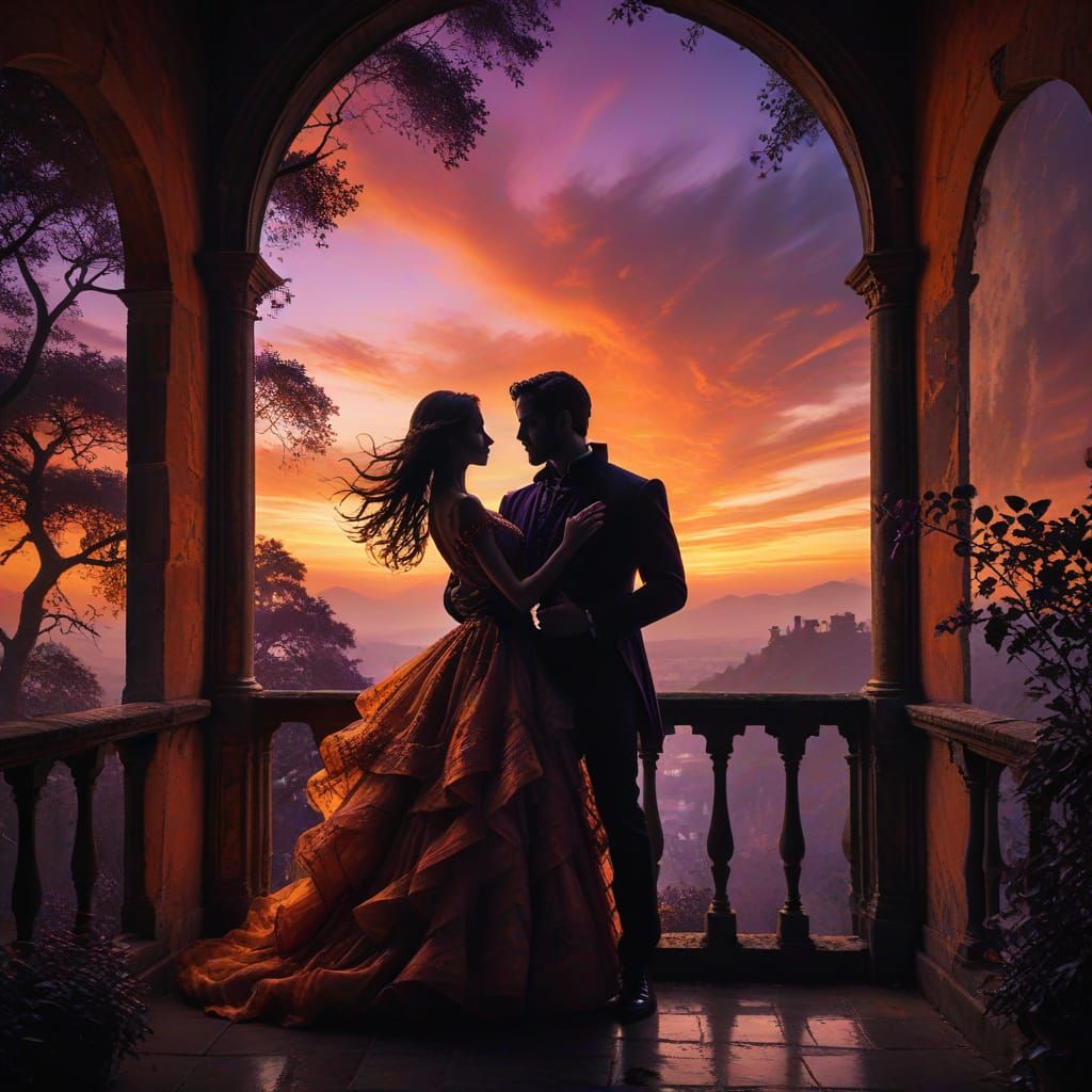 Couple Dancing Silhouetted by Colorful Sunset
