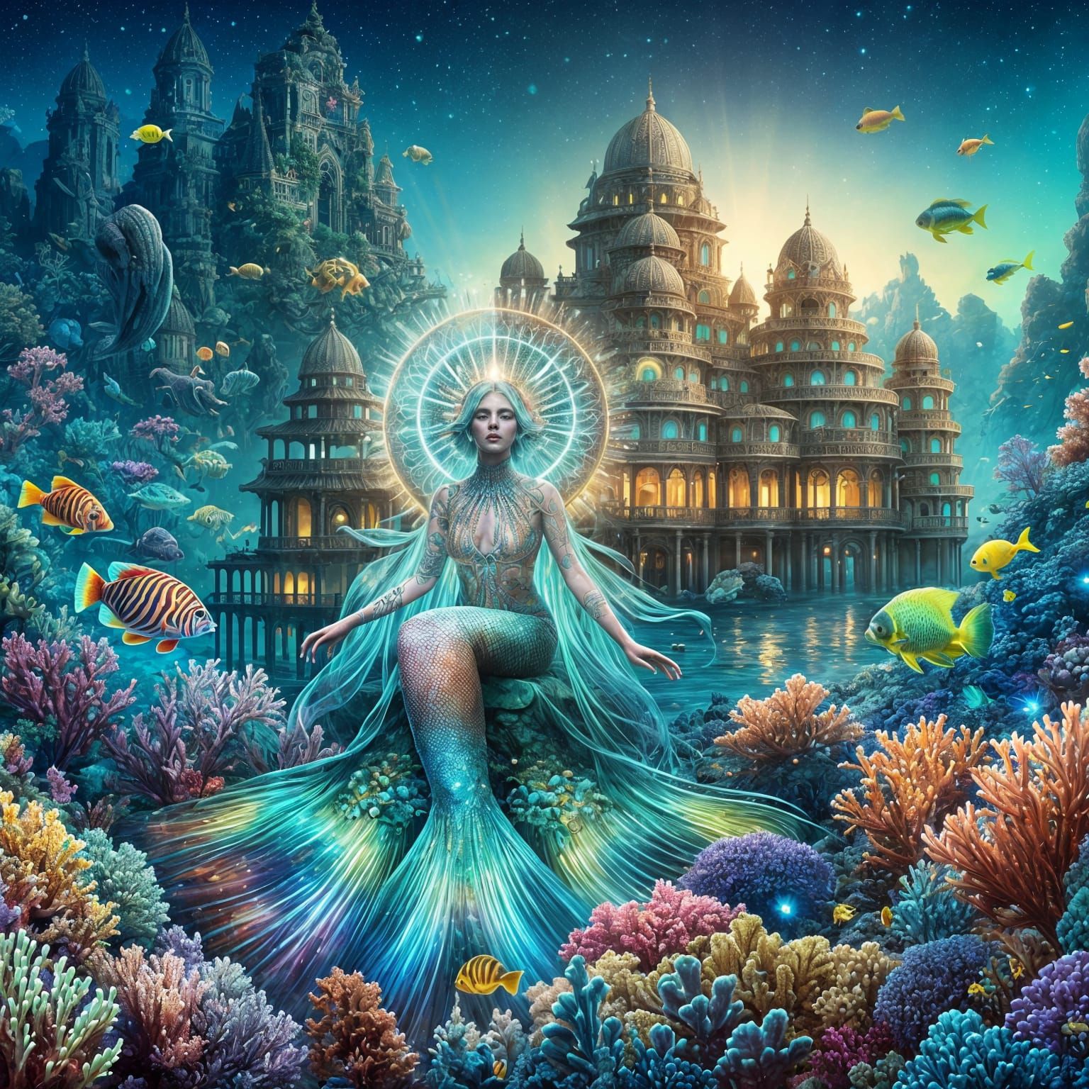 Bioluminescent Mermaid Goddess in Coral Reef Palace