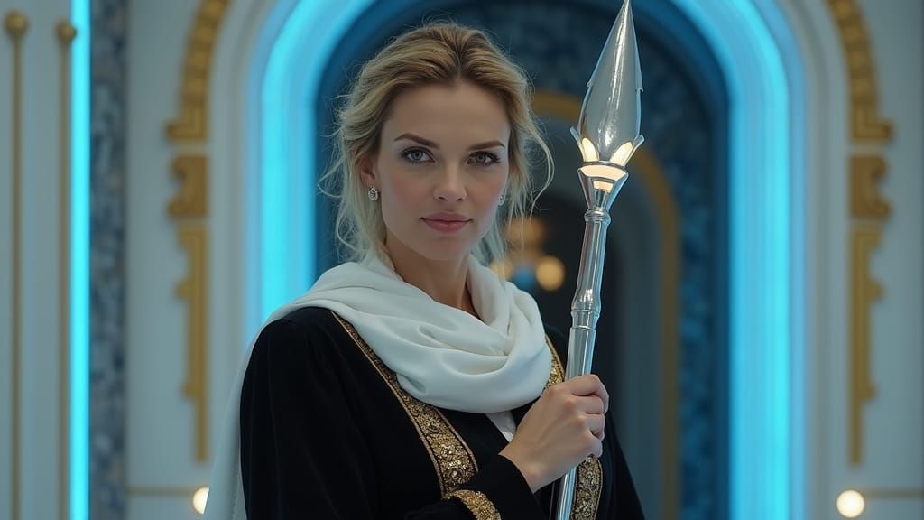 A 45-year-old Caucasian female with blonde and dark brown hair, light hazel eyes, and a firm look on her face, wearing a...