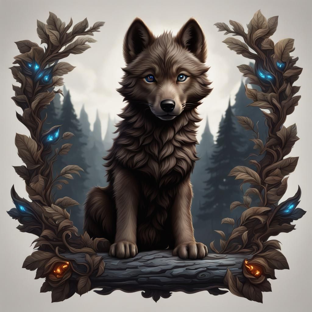 Fantastical Wolf Pup Illustration in Detailed Matte Style