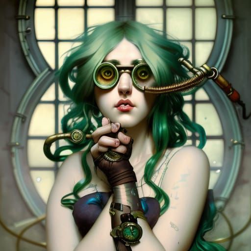 Steampunk Green-Haired Woman with Glasses
