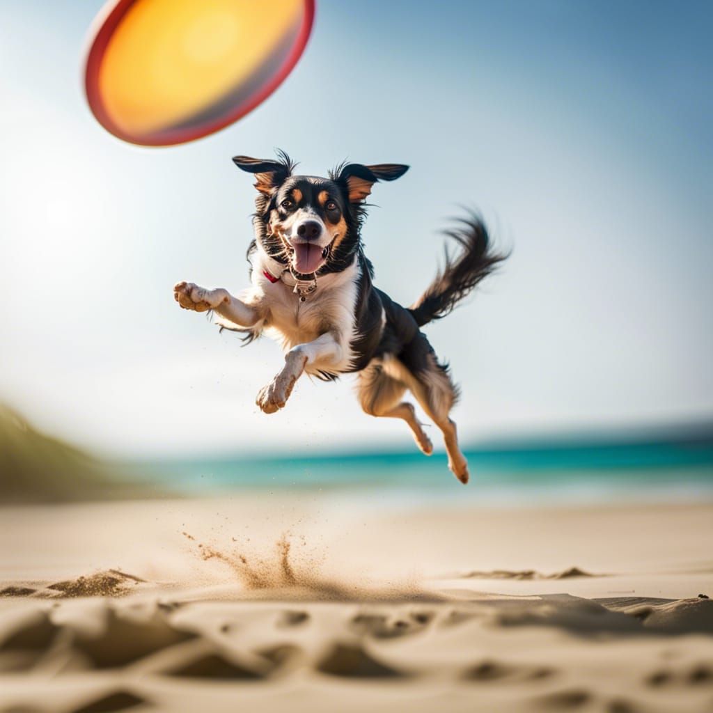 Dog Leaping for Frisbee on Sunny Beach