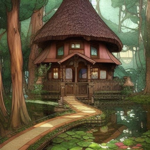 Art Nouveau Woods Cottage in a Tree