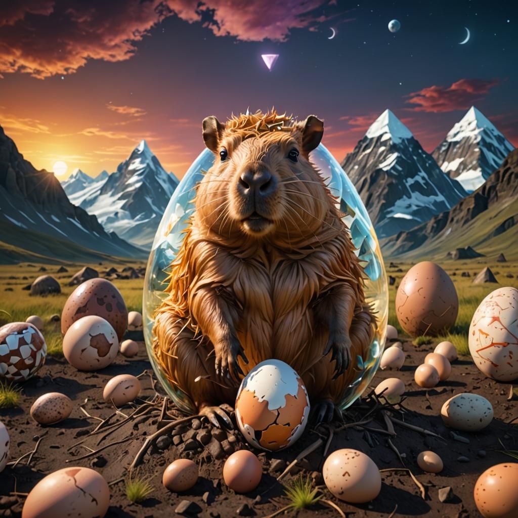 Surreal Capybara Hatching in Chromatic Landscape
