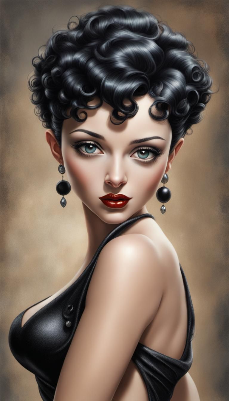 A stunning hyper-realistic portrait of Betty Boop as Aphrodite, artistically rendered by Greg Rutowski. She wears a blac...